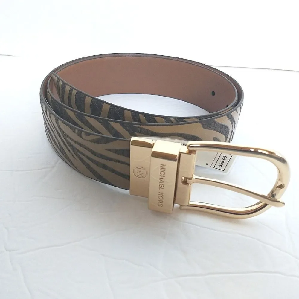 New! MICHAEL KORS Reversible Leather Belt Zebra Print Gold-tone Logo Buckle SM